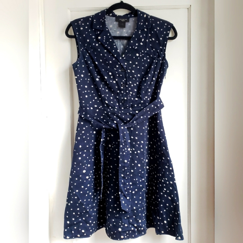 Navy Blue Polka Dot Dress, Splatter Pattern Design, A Line Ann Taylor Dress